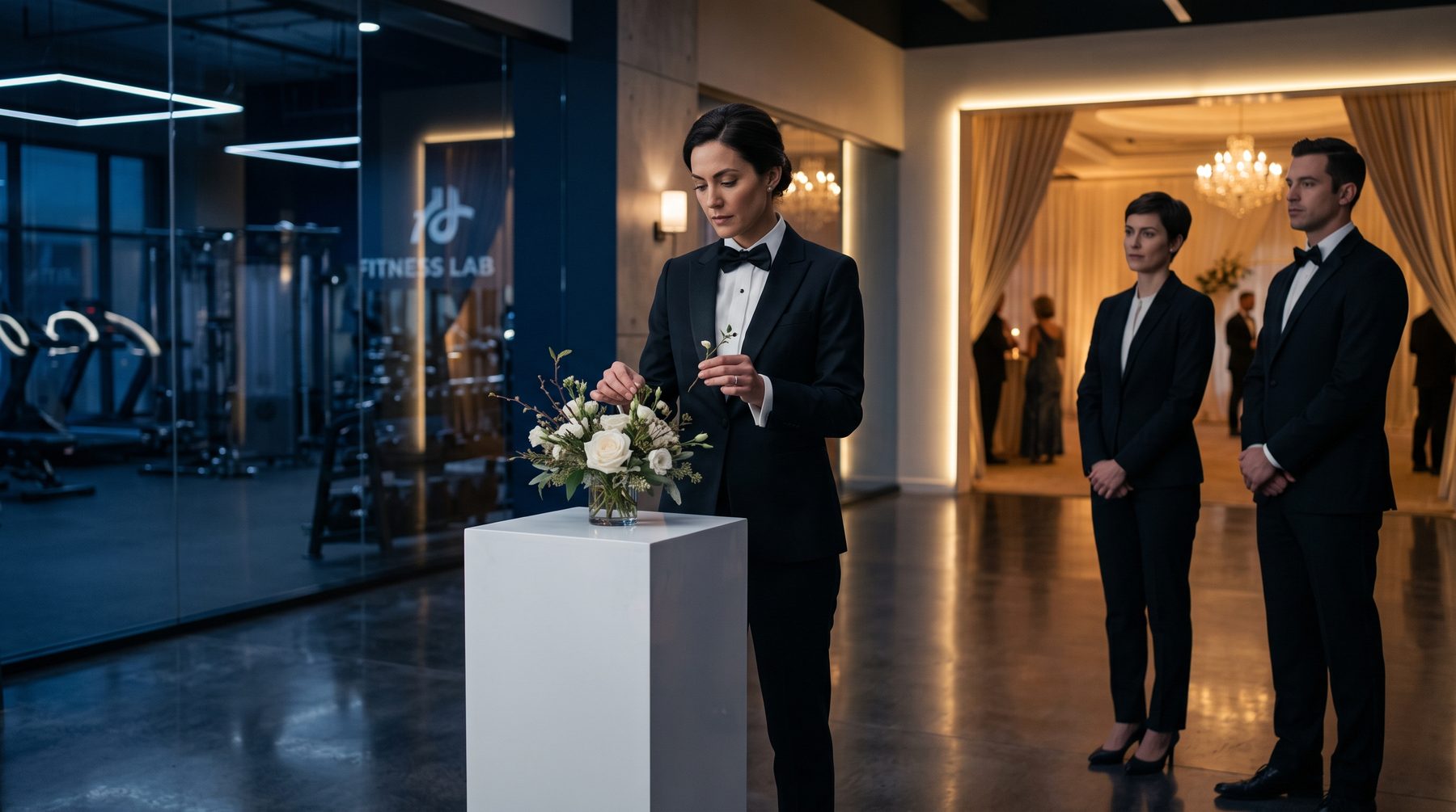 An event coordinator in black-tie arranging final details before guests arrive